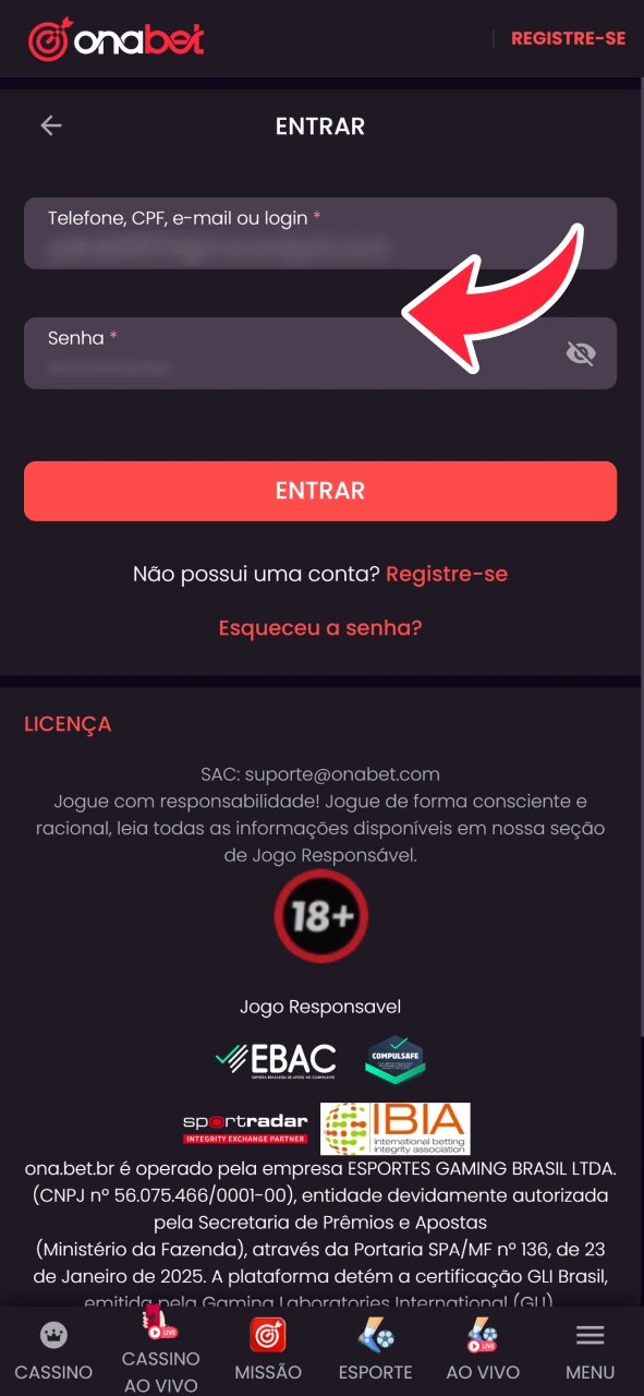 Faça login na sua conta OnaBet para sacar dinheiro.