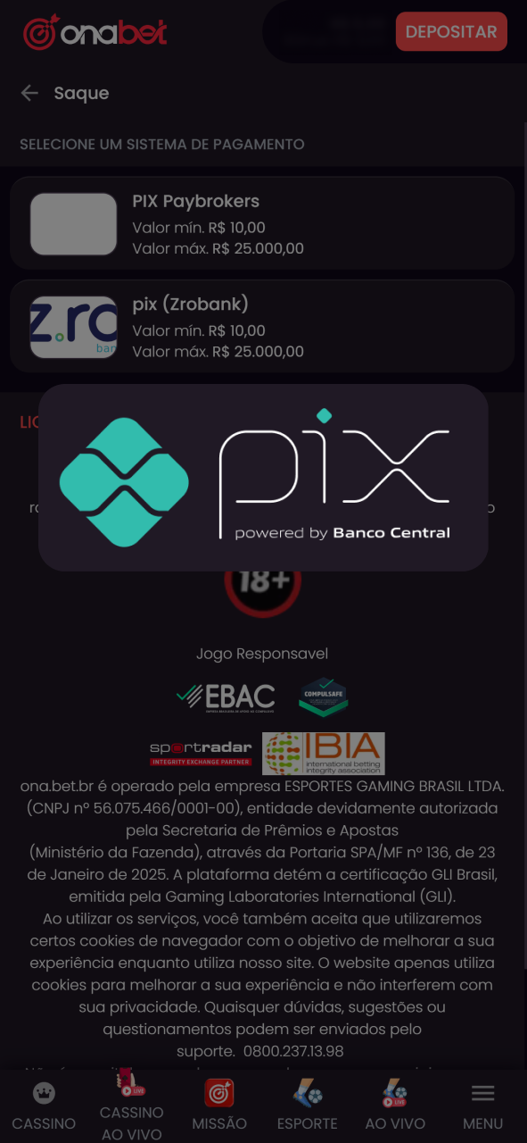 Utilize seus dados para acessar o sistema Pix e sacar dinheiro na OnaBet.