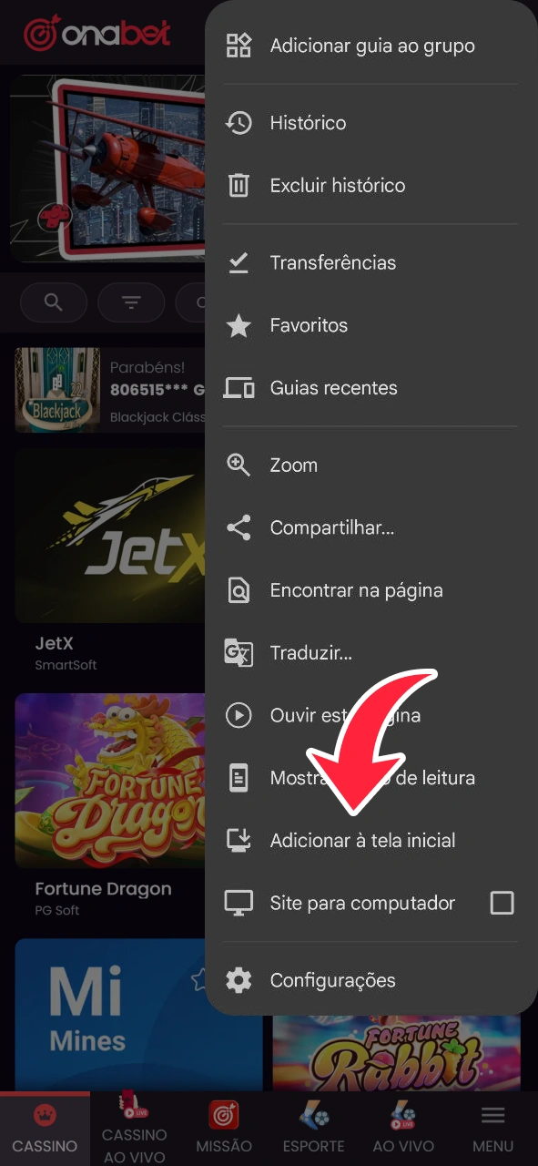 Encontre este botão no menu do navegador no site da OnaBet.
