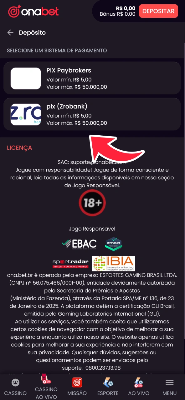 Deposite fundos em sua conta na OnaBet.