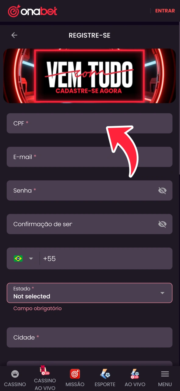 Crie uma conta na OnaBet preenchendo o formulário.
